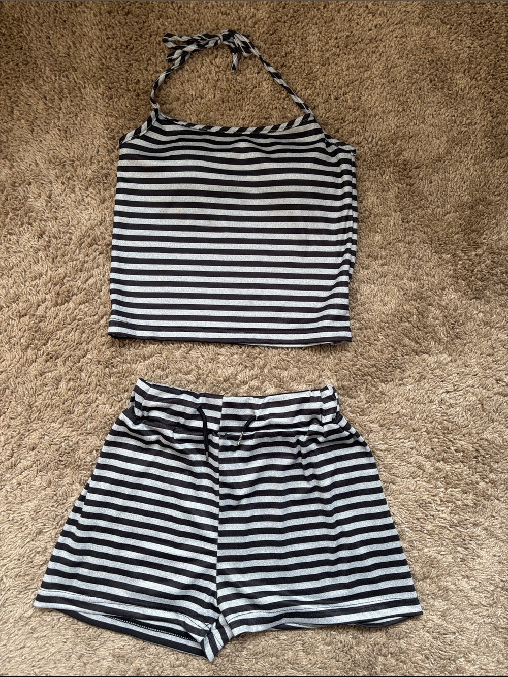 Black and White Striped Halter Crop Top + High-Waist Shorts Set
